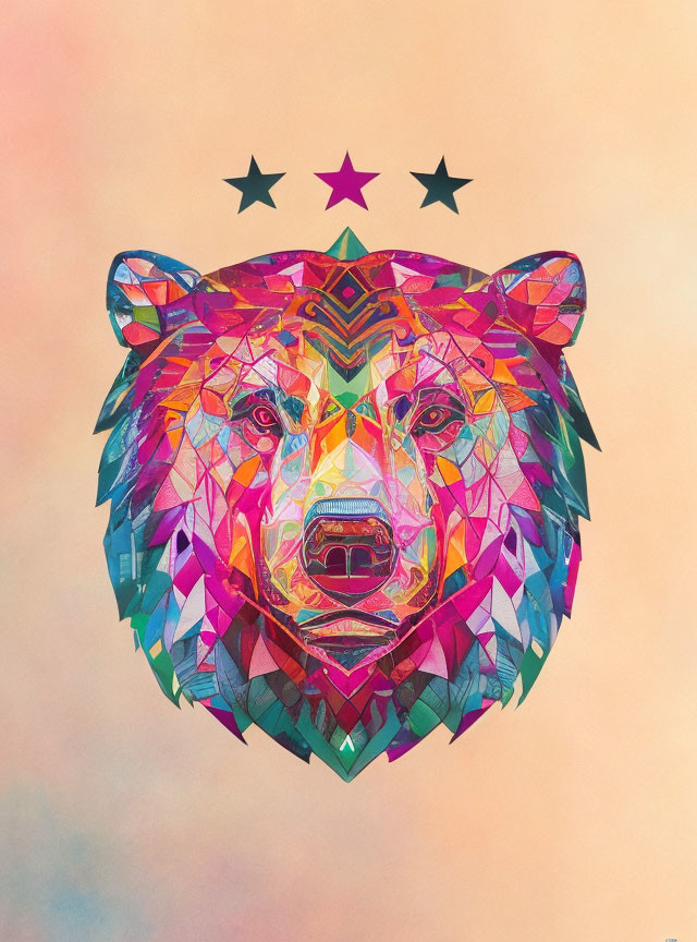 Vibrant geometric bear with gradient backdrop and stars