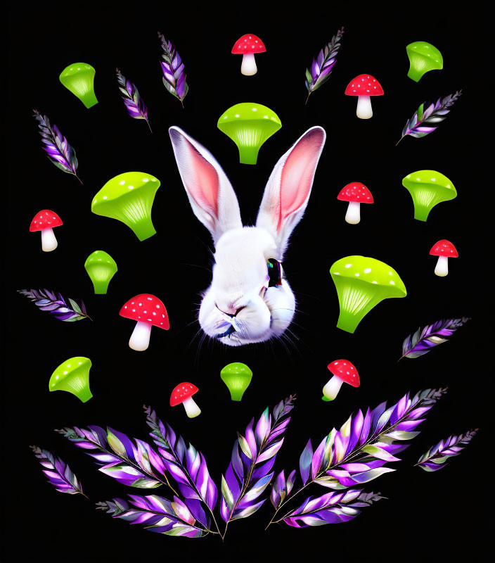 Colorful Mushroom and Feather Composition with White Rabbit Head on Black Background