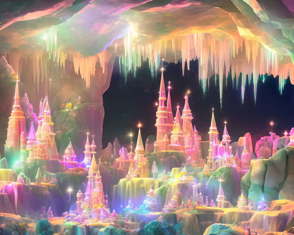 Colorful Crystal Formations and Magical Castles in Vibrant Fantasy Cavern