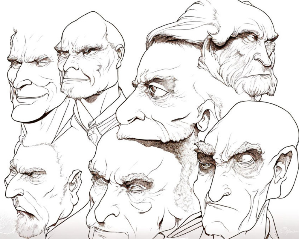 Monochrome sketch of expressive male faces with varied grim and thoughtful expressions