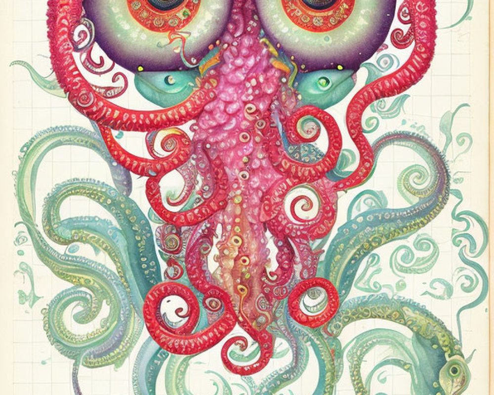 Whimsical octopus illustration with expressive eyes and intricate tentacle patterns