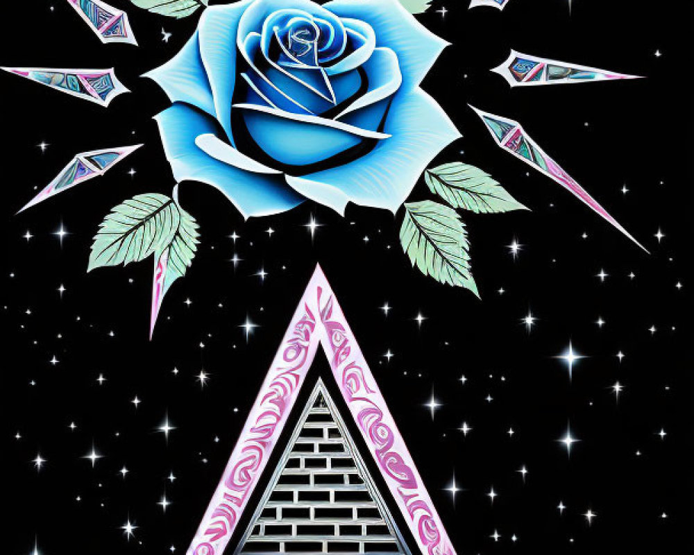 Stylized graphic of blue rose, crystals, eyes, stars, pink triangle, and infinity symbol