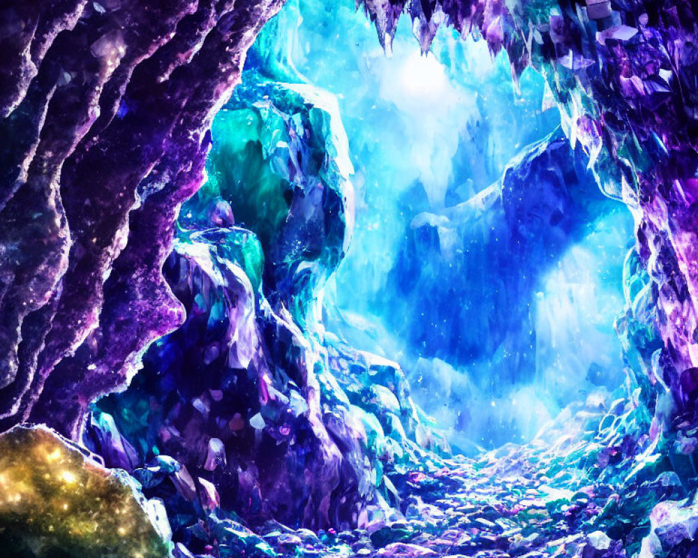 Vivid Crystal Cave with Blue and Purple Hues In Light