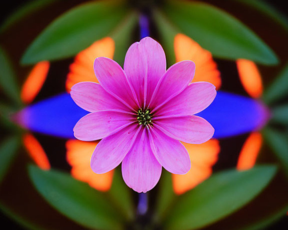 Colorful Kaleidoscopic Image with Pink Flower and Symmetrical Patterns