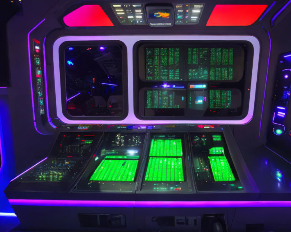 Futuristic Spaceship Cockpit with Glowing Control Panels and Neon Lighting
