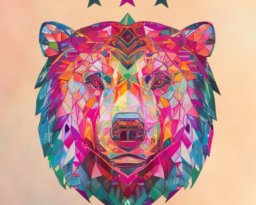 Vibrant geometric bear with gradient backdrop and stars
