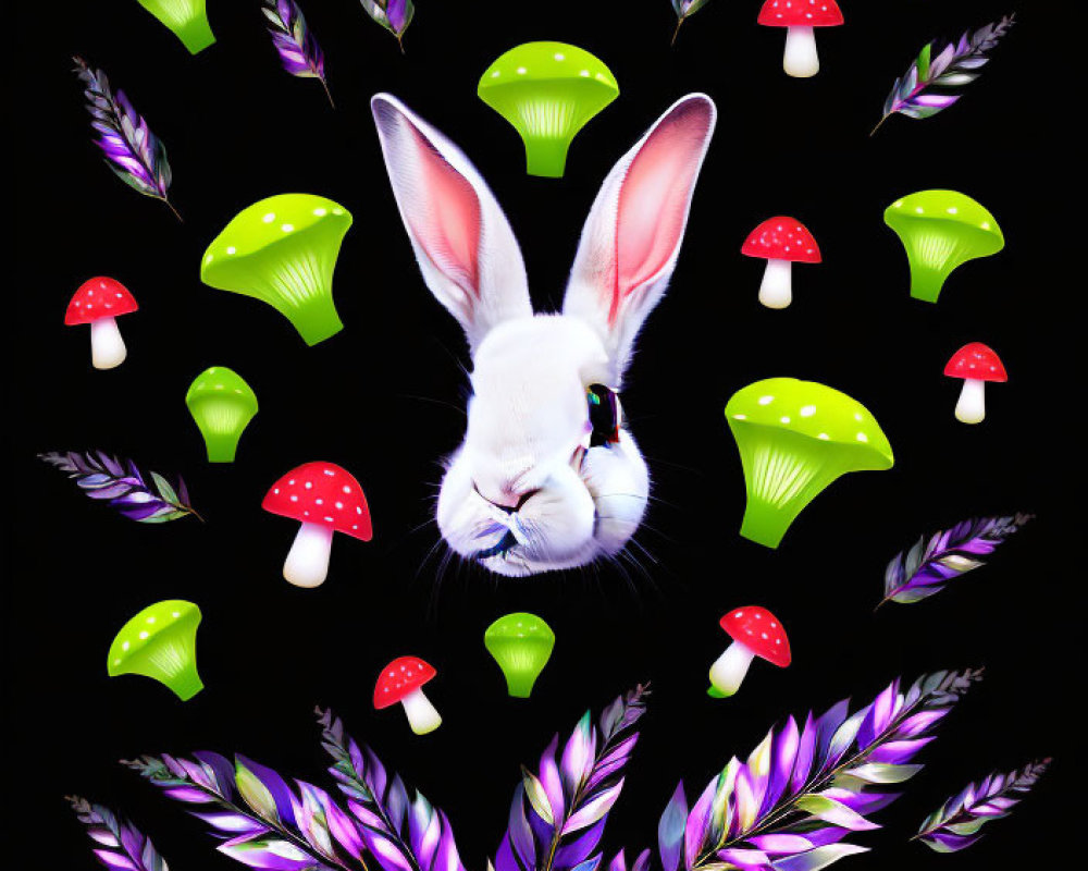 Colorful Mushroom and Feather Composition with White Rabbit Head on Black Background