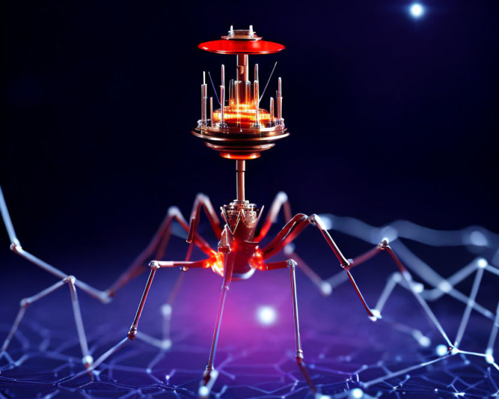 Futuristic mechanical spider with illuminated joints on digital network background