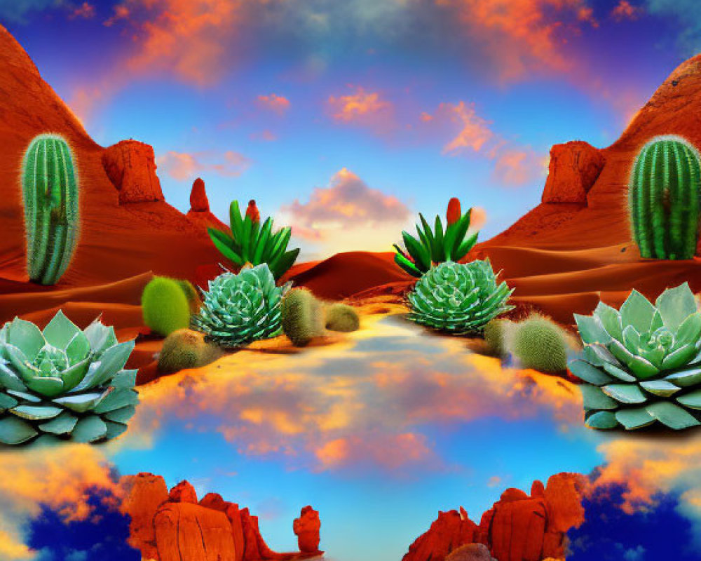 Vibrant surreal desert landscape with reflective water and rock formations