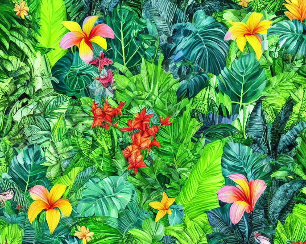 Lush Green Leaves and Colorful Hibiscus Flowers Pattern