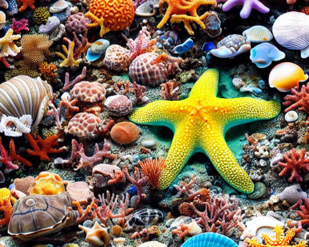 Vibrant sea stars, corals, and shells in diverse colors and shapes