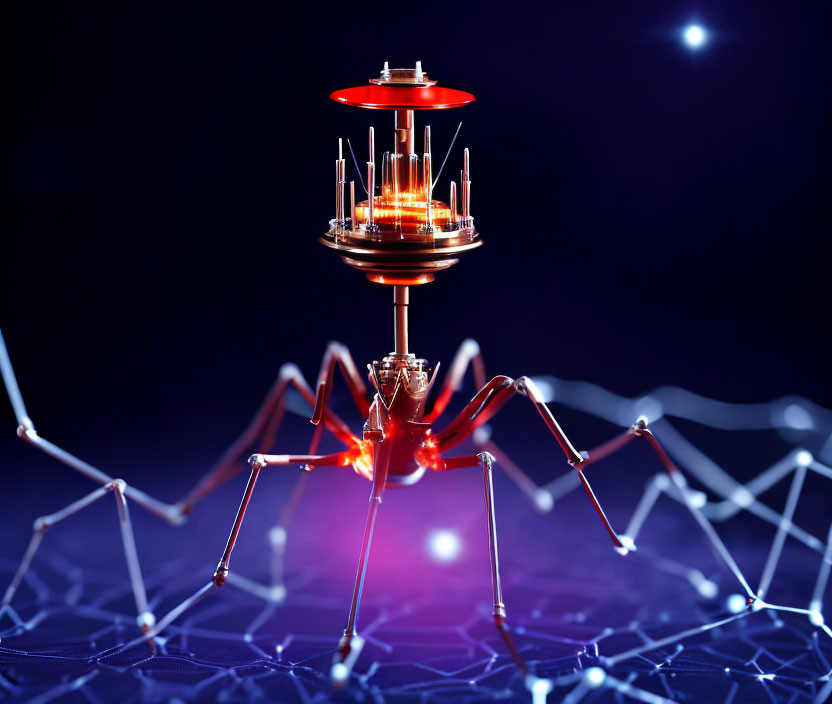 Futuristic mechanical spider with illuminated joints on digital network background