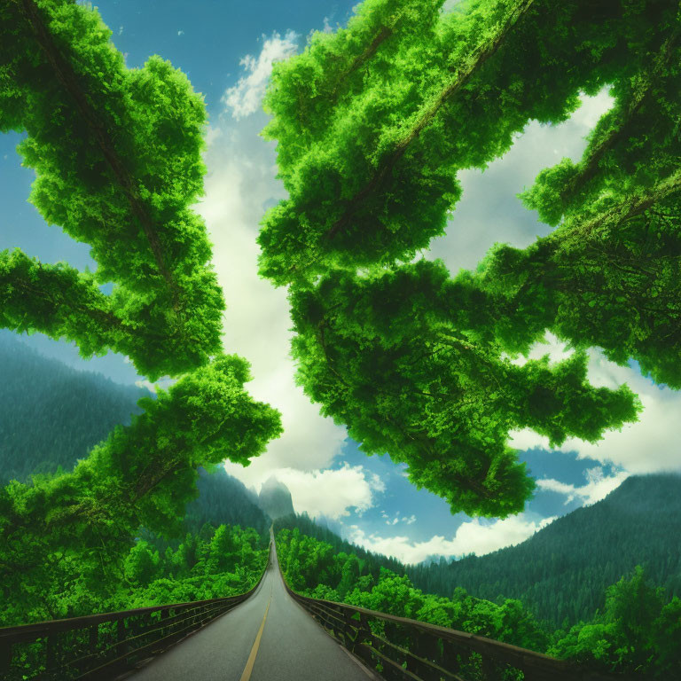 Symmetrical forest road with lush green trees under vibrant sky