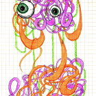 Colorful Creature with Butterfly Wings and Vibrant Tentacles on Graph Paper
