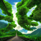 Symmetrical forest road with lush green trees under vibrant sky