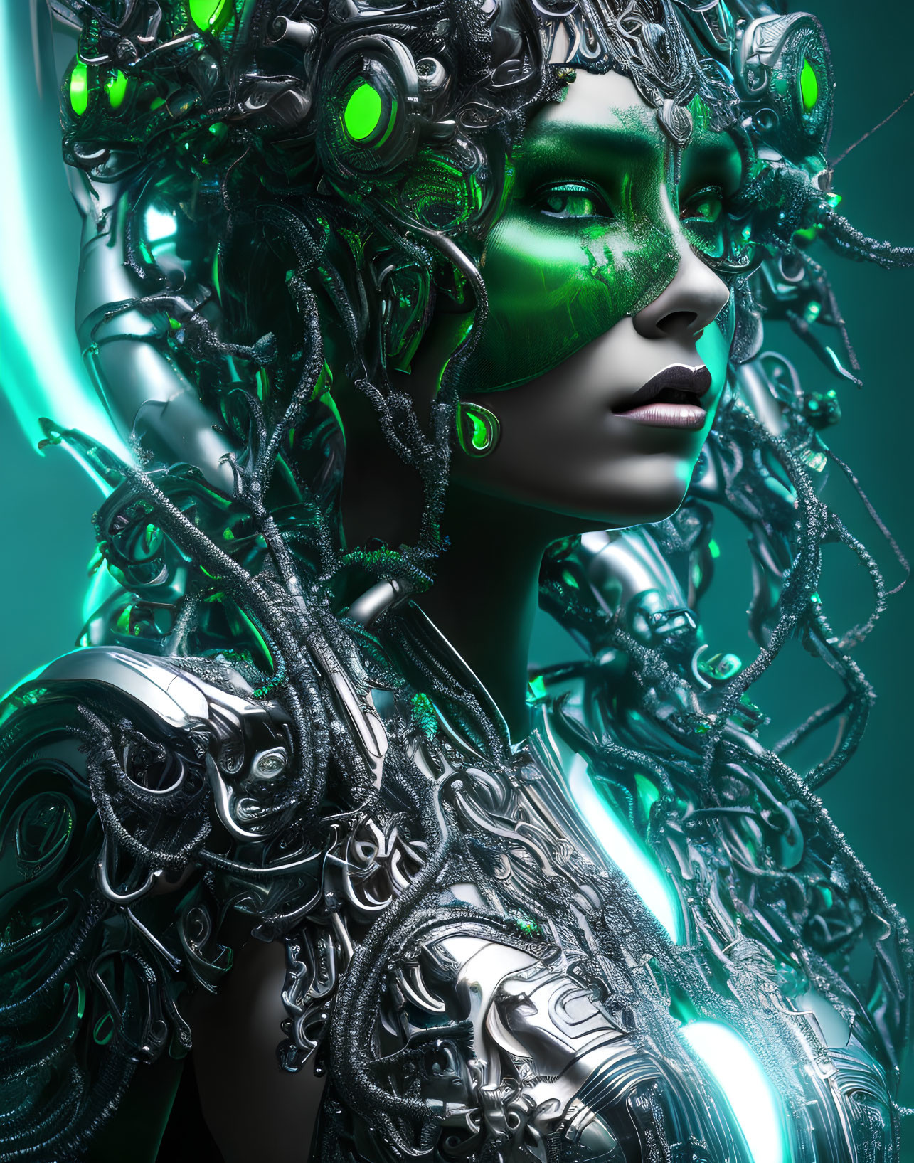 Female cyborg with silver mechanical parts and green eyes in futuristic setting