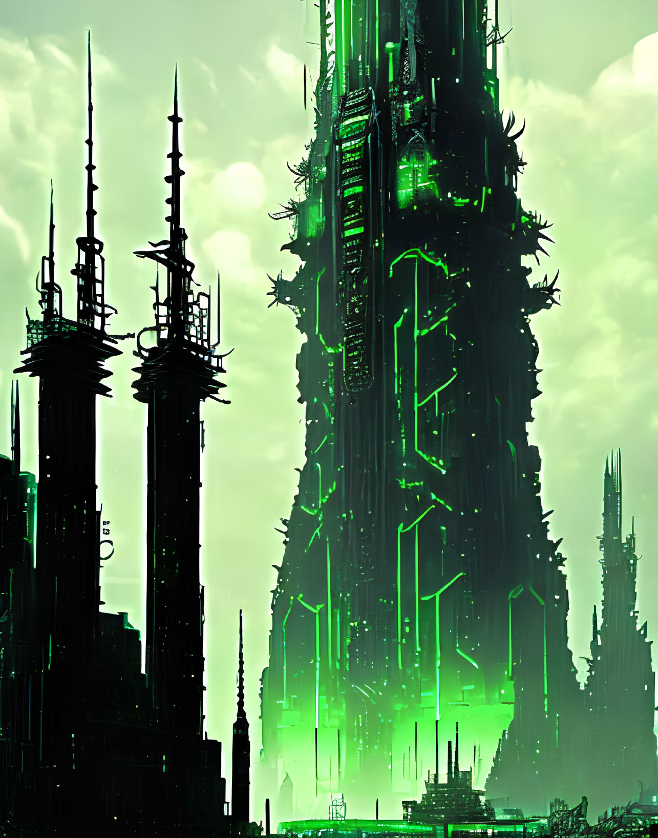 Futuristic cityscape with glowing green highlights and towering spires