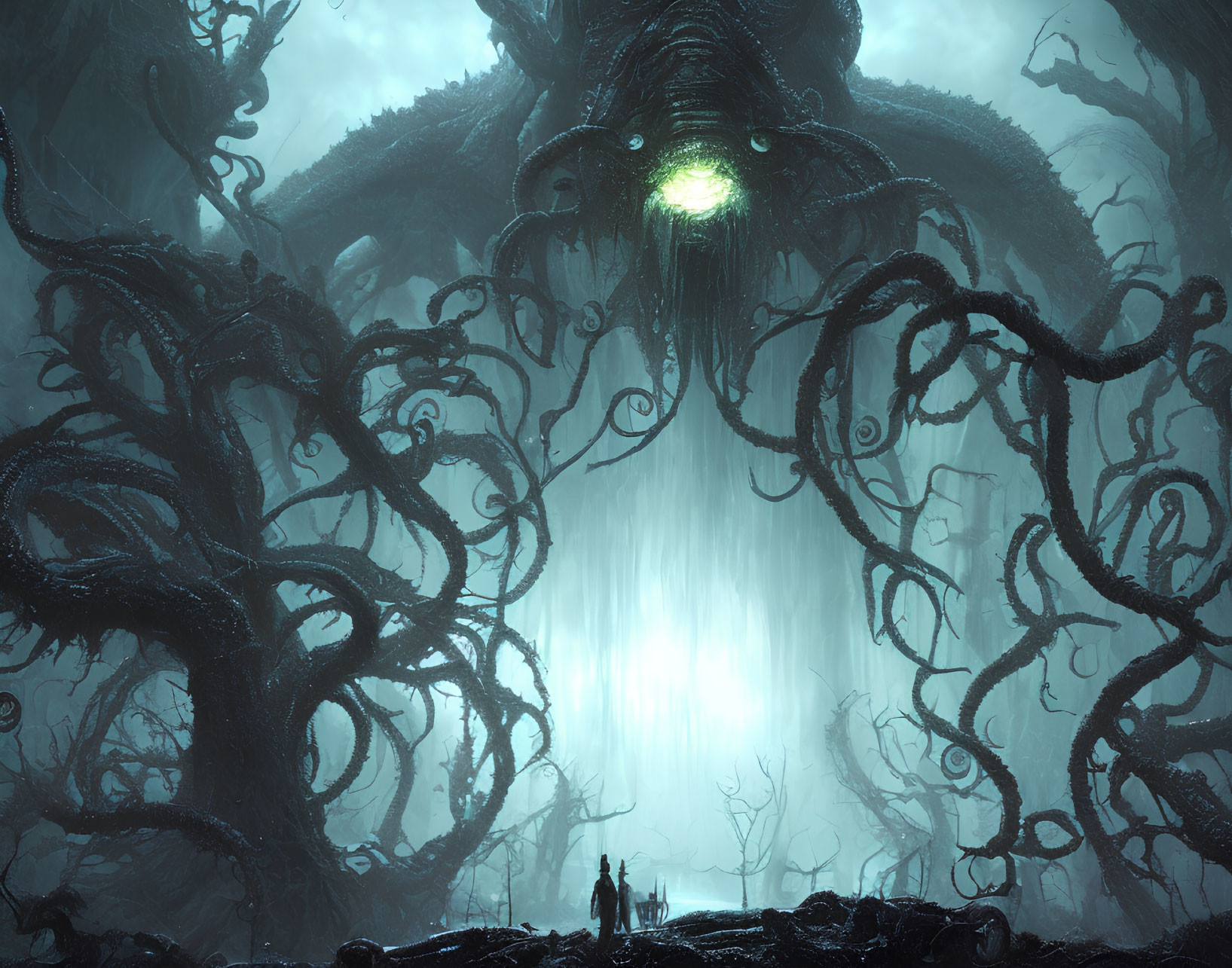 Surreal dark landscape with twisted trees, figures, and glowing-eyed creature