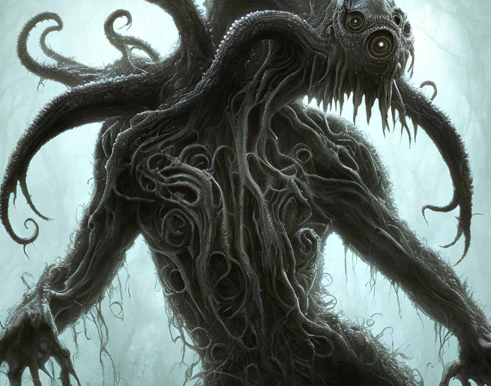 Monstrous creature with tentacles, sharp teeth, and single eye in misty setting