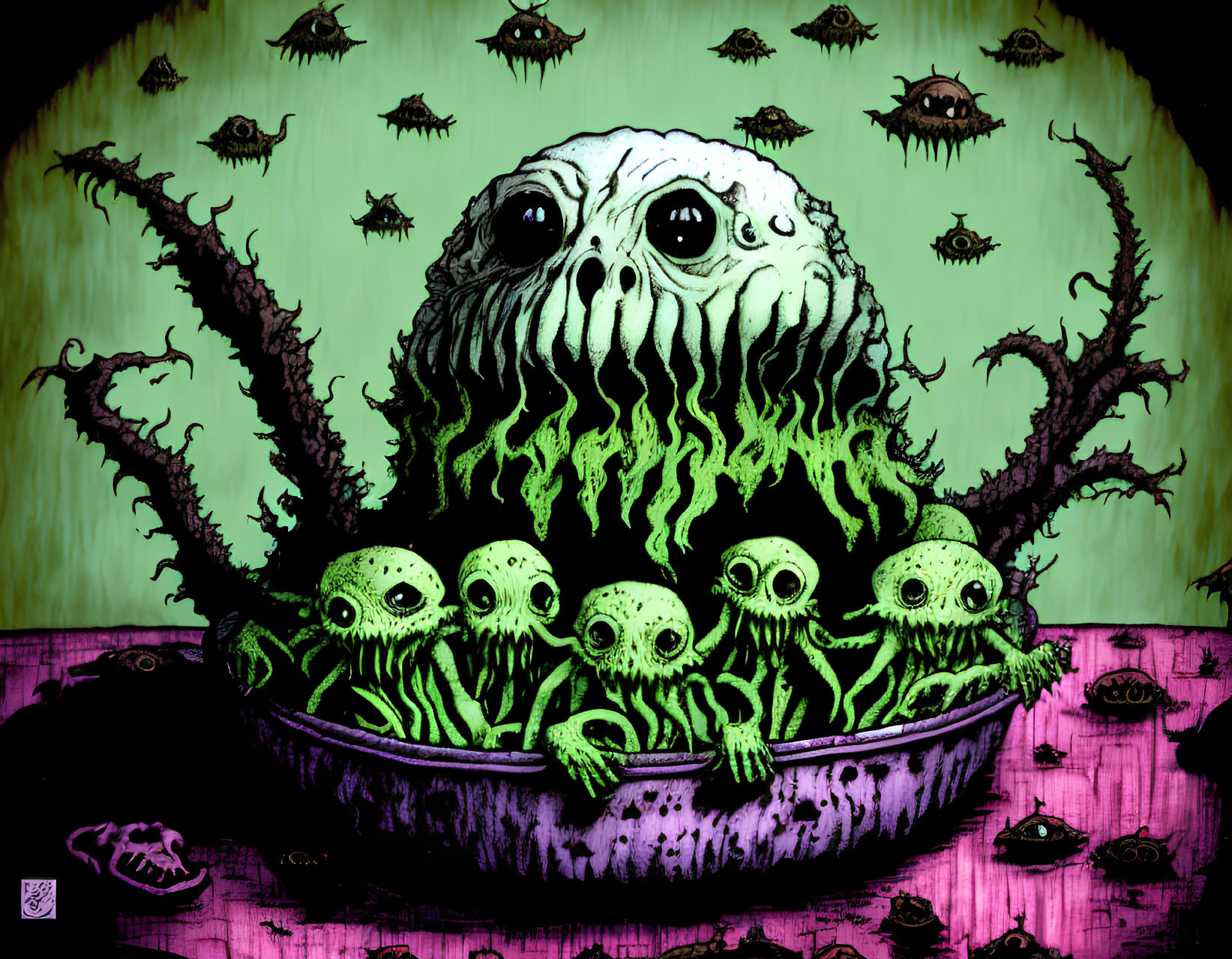 Large central monster with multiple eyes and tentacles, surrounded by smaller creatures in greenish hue.