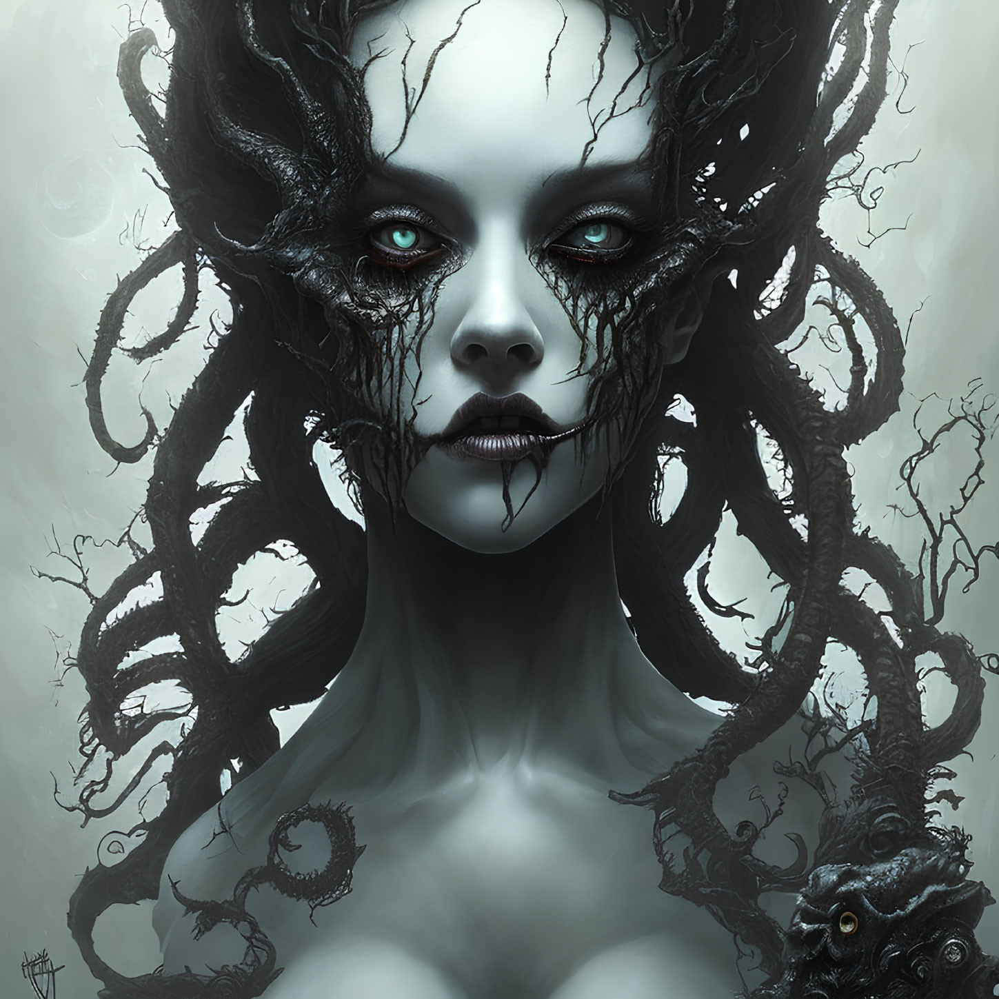 Gothic fantasy image of pale woman with dark, branch-like hair in eerie mist