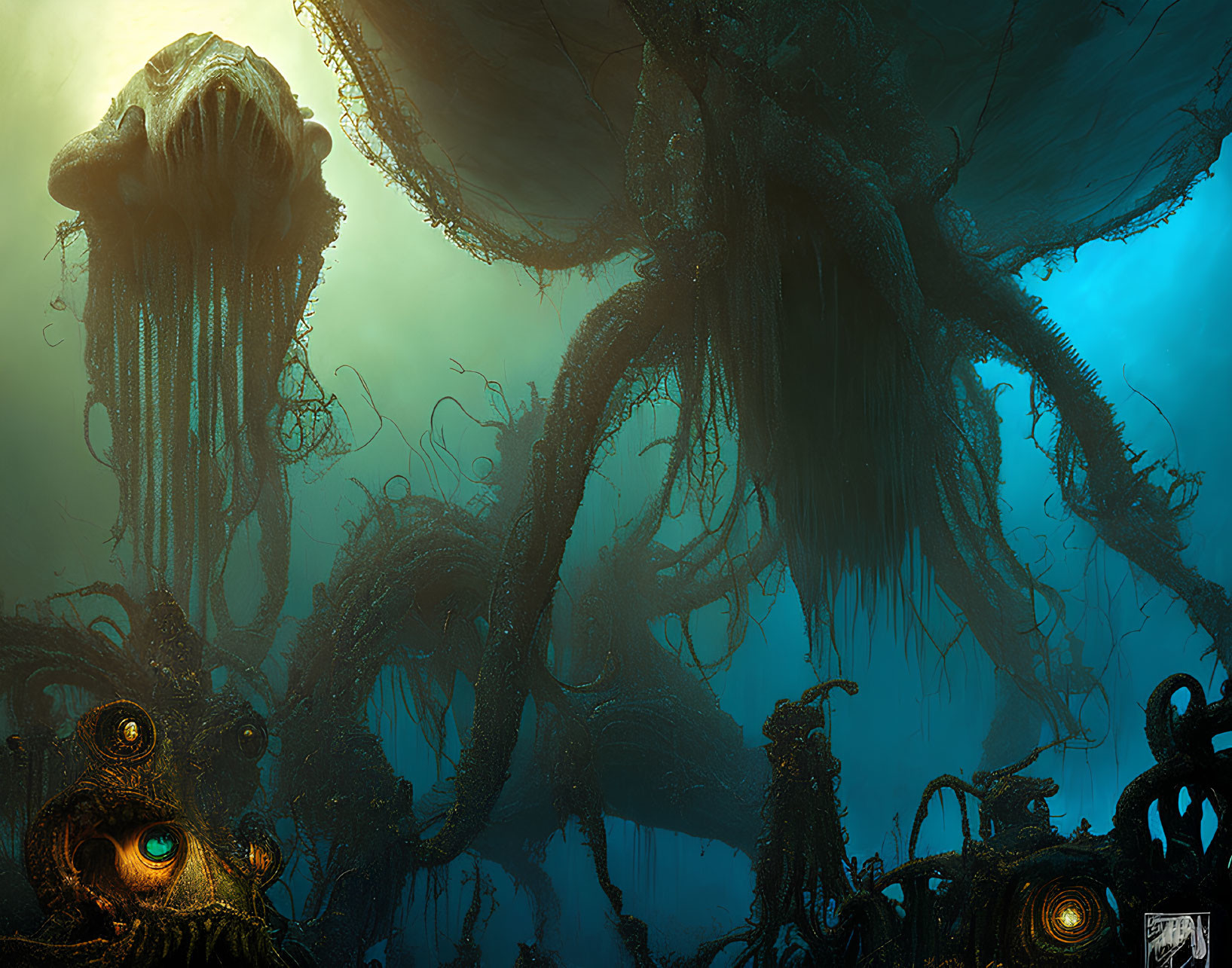Enigmatic underwater landscape with massive jellyfish creature and alien vegetation