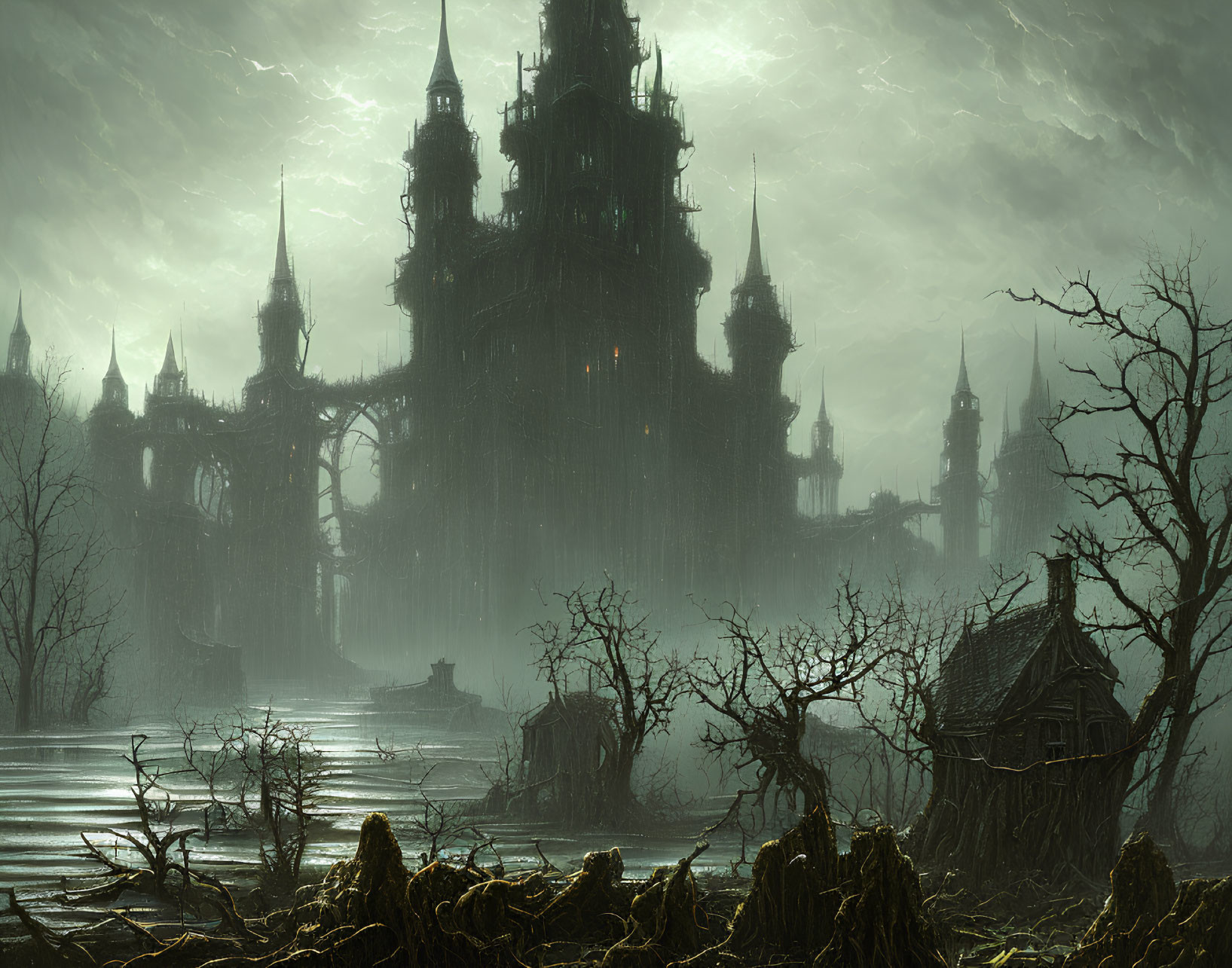 Gothic castle overlooking bleak stormy landscape with small hut amid twisted trees