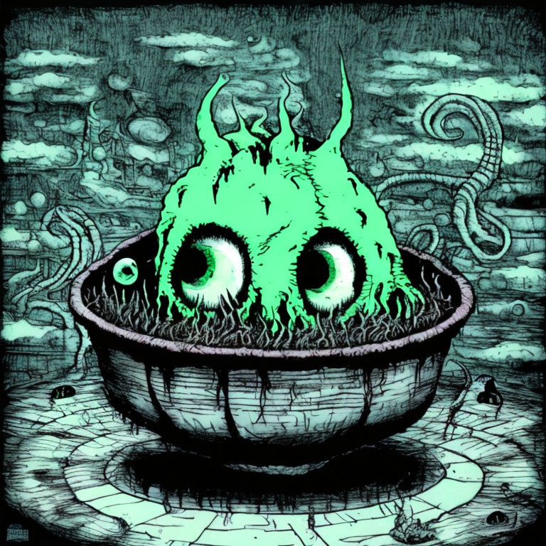 Surreal glowing green creature in bowl with eerie patterns