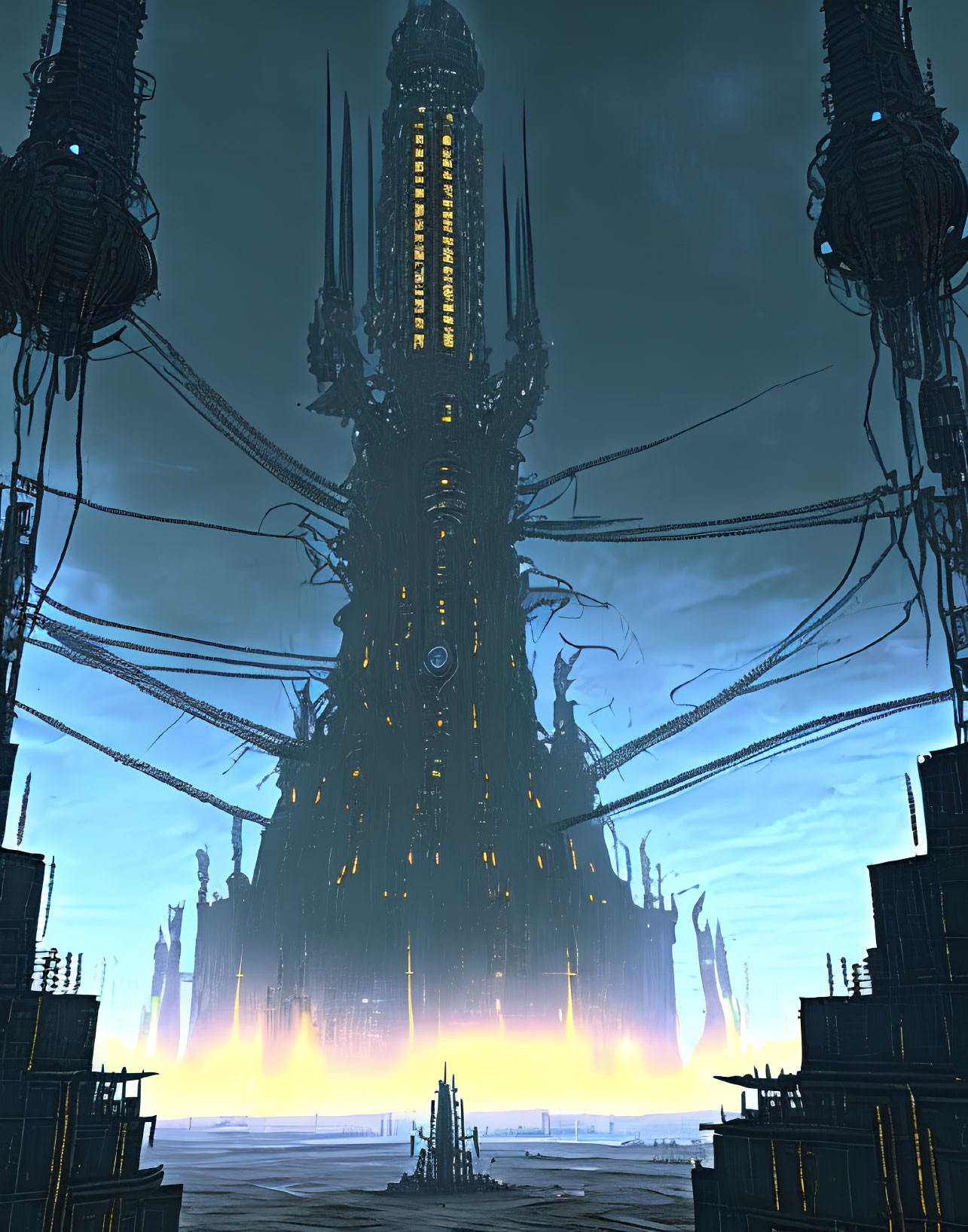 Futuristic skyscraper with glowing base and smaller spires at twilight
