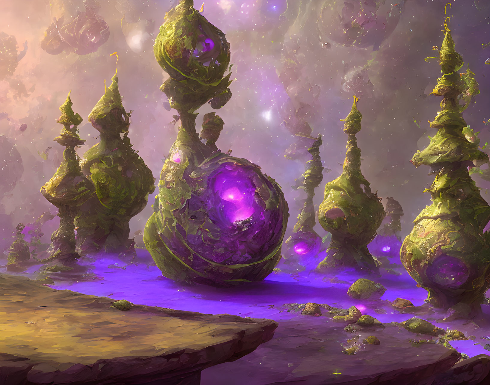 Mystical landscape with green rock formations and glowing purple orbs under mauve sky
