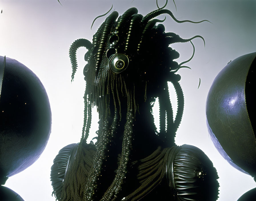 Intricate figure with tentacle braids and goggles among spherical objects