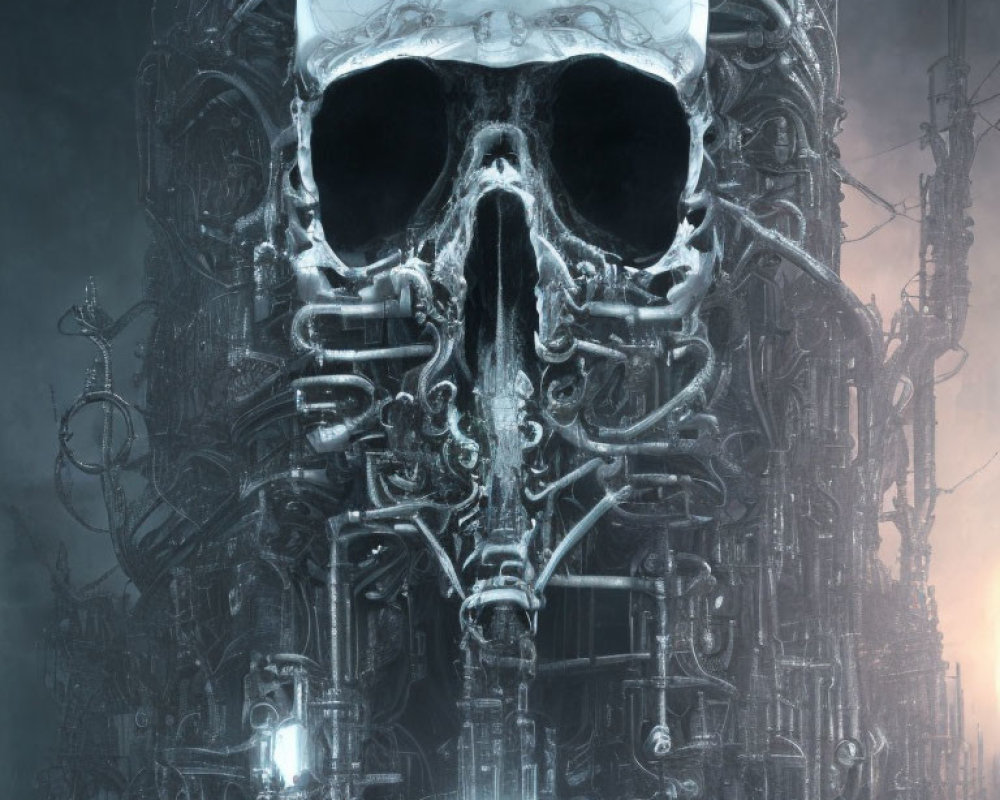 Dystopian artwork: Large skull with mechanical details in industrial setting