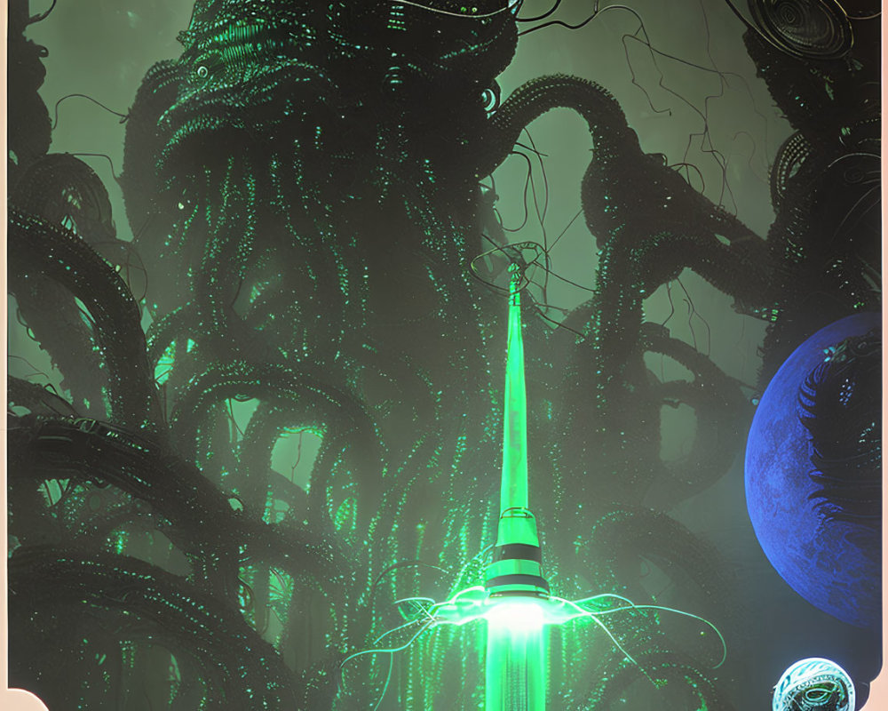 Futuristic green-lit tower with alien tentacles under hazy sky