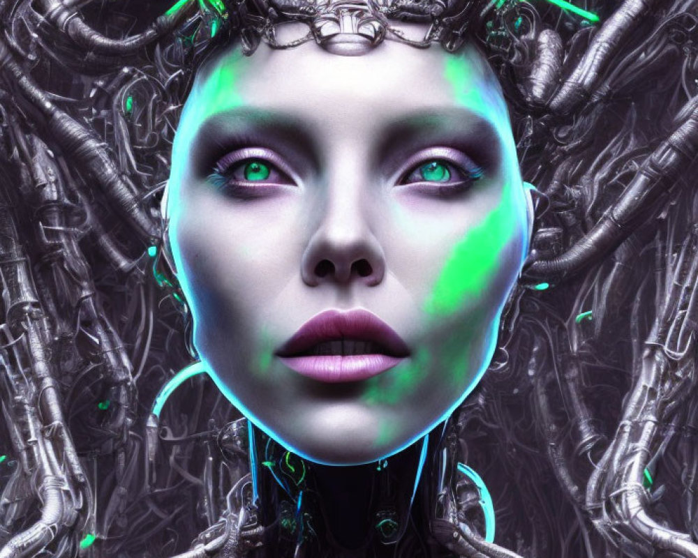 Futuristic woman with purple skin and silver headpiece