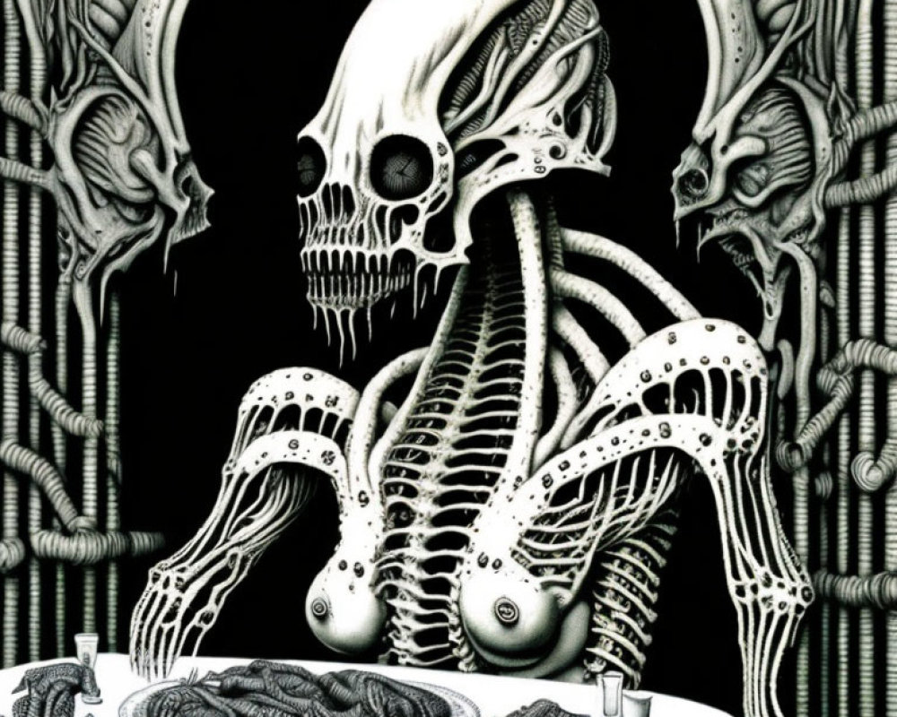 Monochrome surreal drawing of skull with tentacles and ribcage structures around table with pie and utens