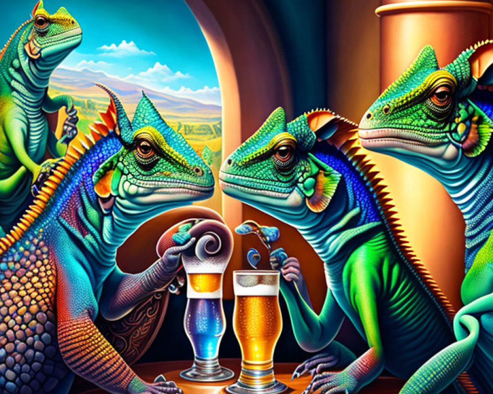 Colorful anthropomorphic lizards enjoying drinks in surreal landscape
