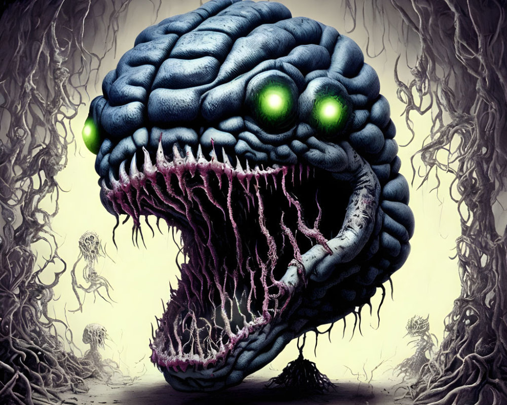 Surreal image of monstrous creature with brain-like head and glowing green eyes