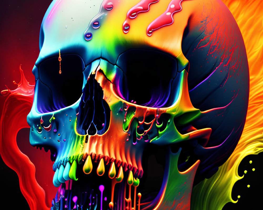 Colorful Melting Skull Art on Black Background with Neon Dripping Effects