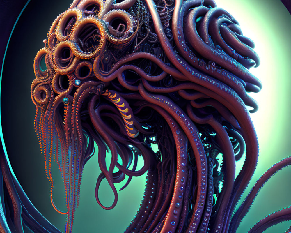 Surreal tentacle-like structure in vibrant blue and purple hues