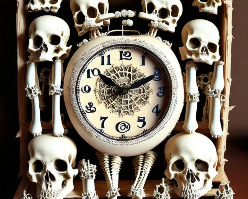 Ornate clock with miniature skulls and skeletal parts in shadow box