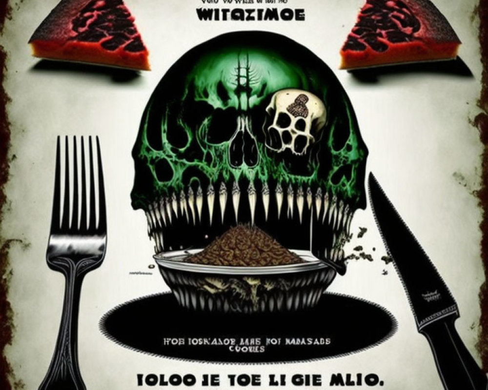 Skull in green flames with fork, knife, and watermelon slices on eerie graphic