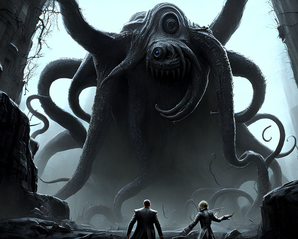 Two People Confront Octopus Creature in Ruined Setting