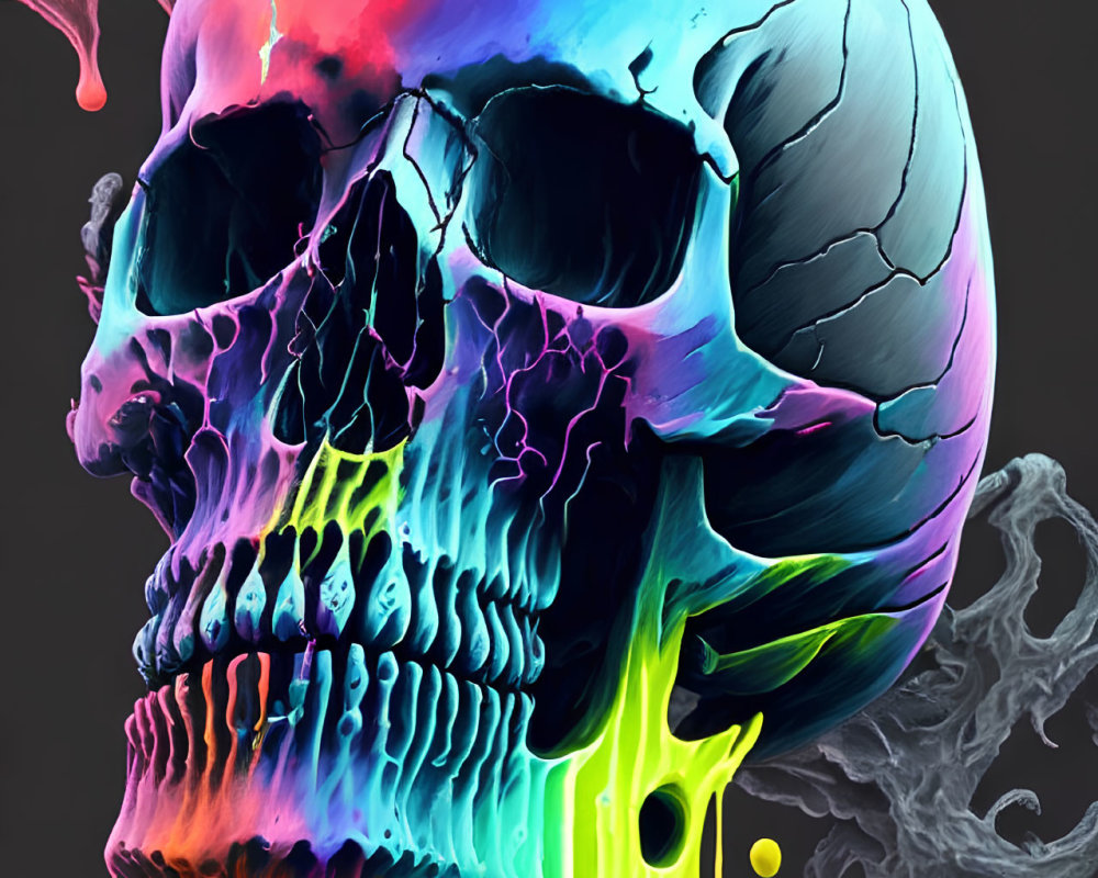 Vibrant colorful skull with dripping paint effect on dark background