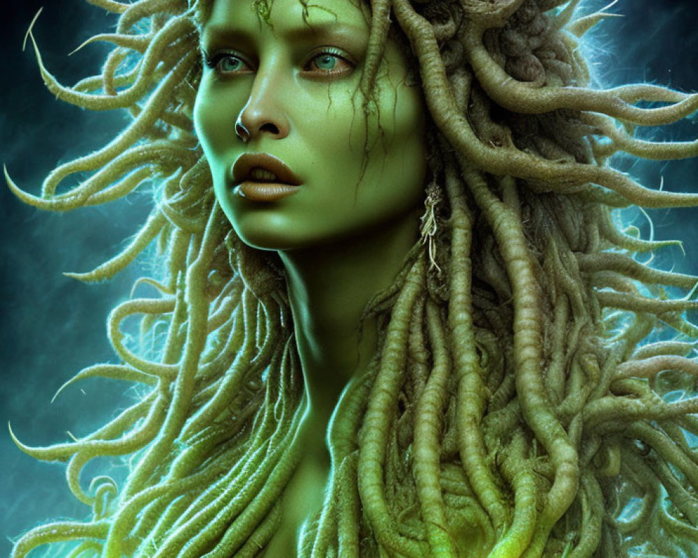 Fantastical Woman with Serpentine Hair and Green Eyes on Mystic Blue Background