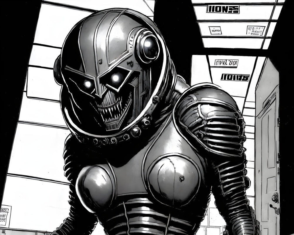 Menacing robotic figure with skull-like face and armored suit.
