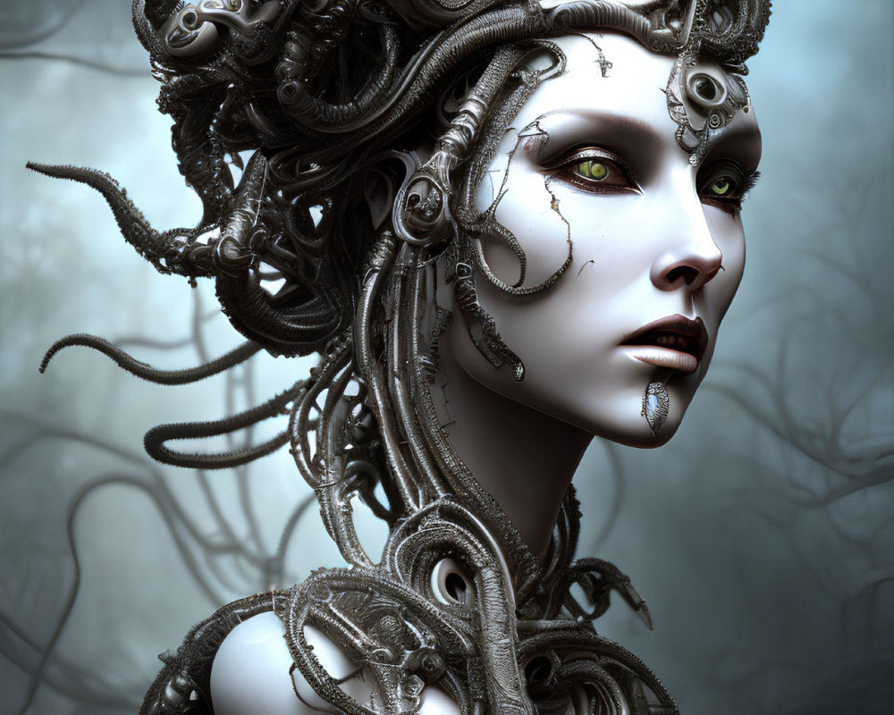 Intricate humanoid figure with mechanical snake hair and green eyes