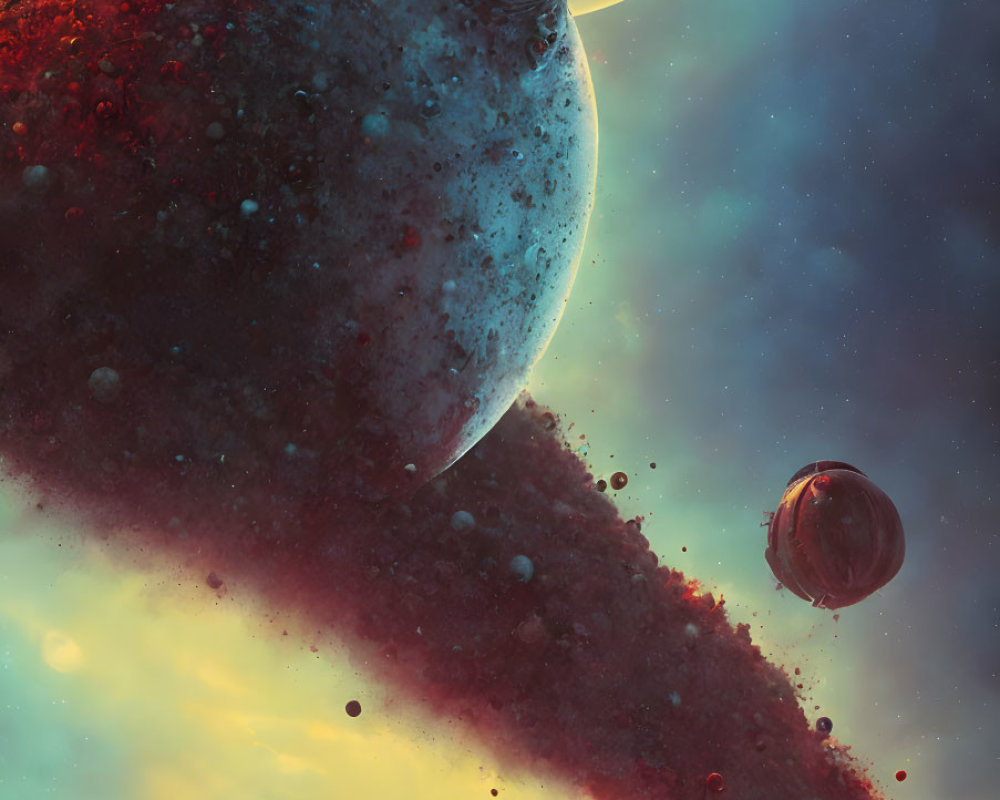Surreal sci-fi scene with alien landscape and celestial bodies