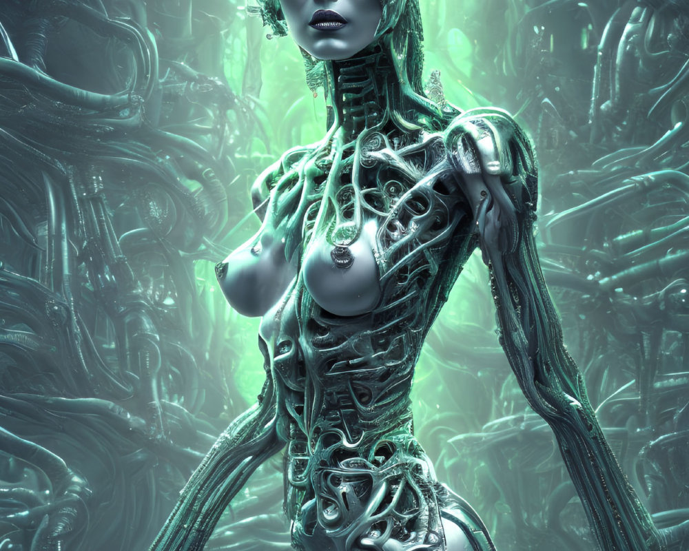 Silver humanoid with cyborg enhancements in futuristic setting.