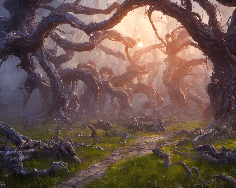 Enchanting forest scene with gnarled trees and sunlit glade