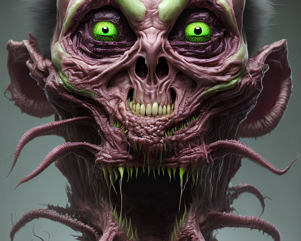 Fantastical creature with green eyes, purple skin, pointy ears, and tentacles.